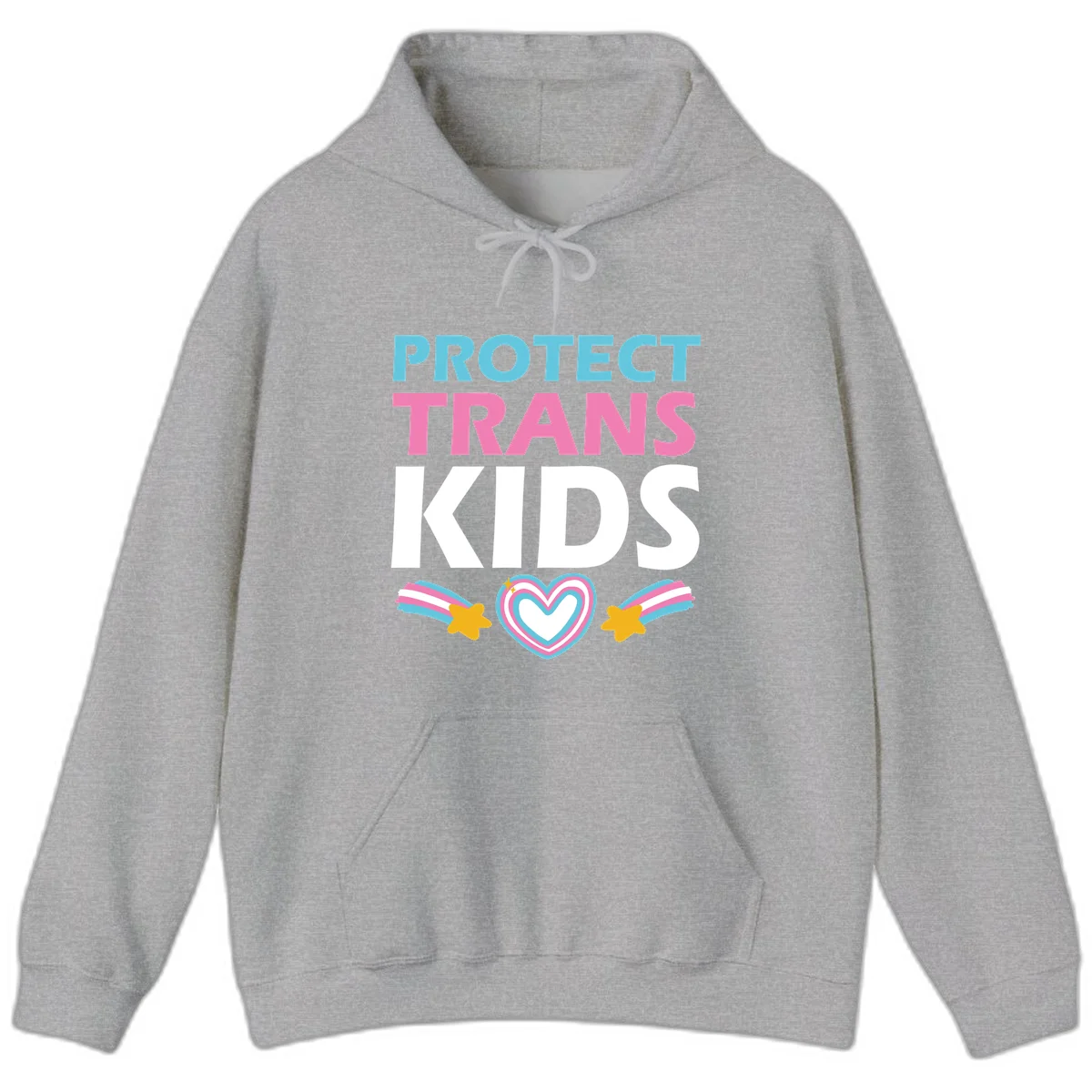 Protect trans kids pride design with cyan, pink and white text, concentric heart, and gold shooting stars with rainbow trails in Sport Grey