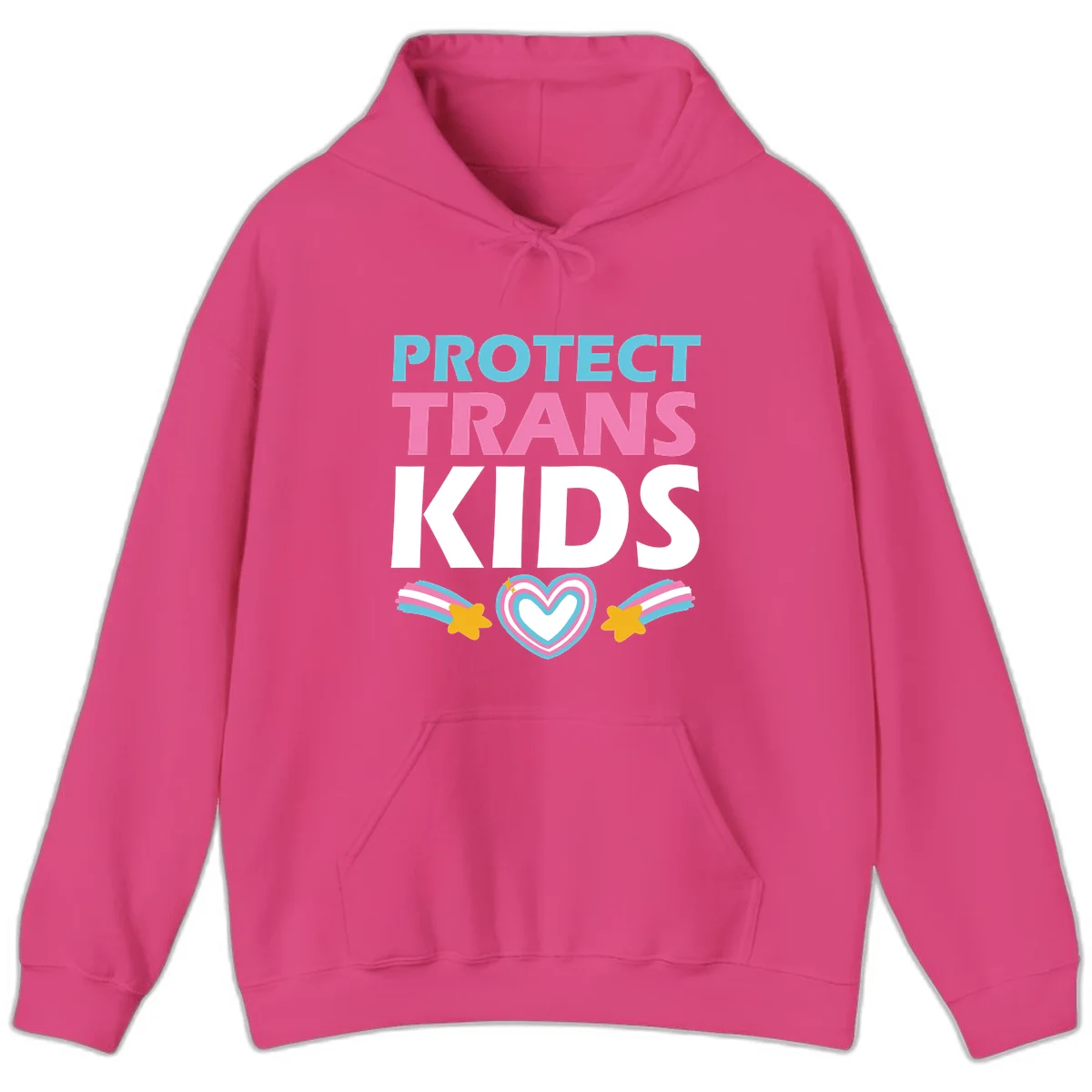 Protect trans kids pride design with cyan, pink and white text, concentric heart, and gold shooting stars with rainbow trails in Heliconia