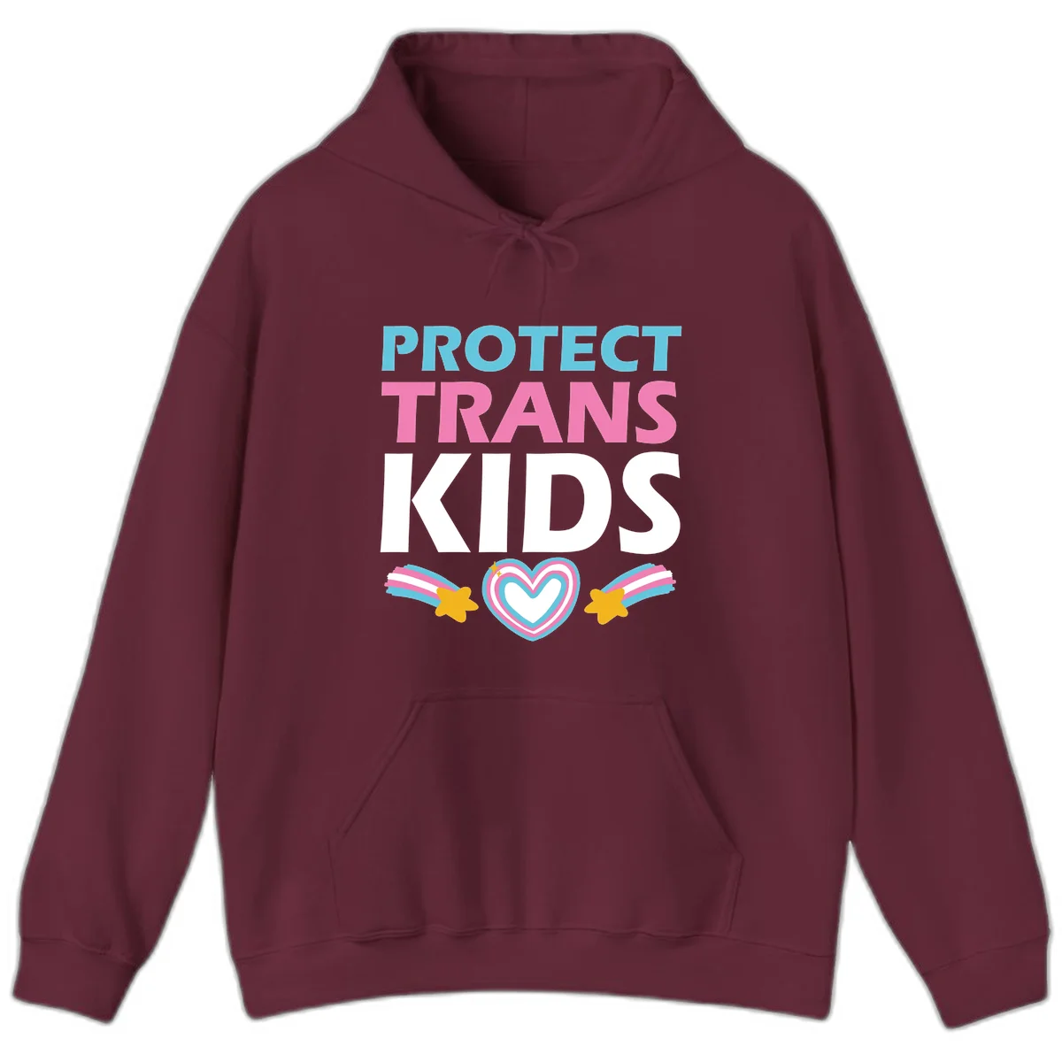 Protect trans kids pride design with cyan, pink and white text, concentric heart, and gold shooting stars with rainbow trails in Maroon