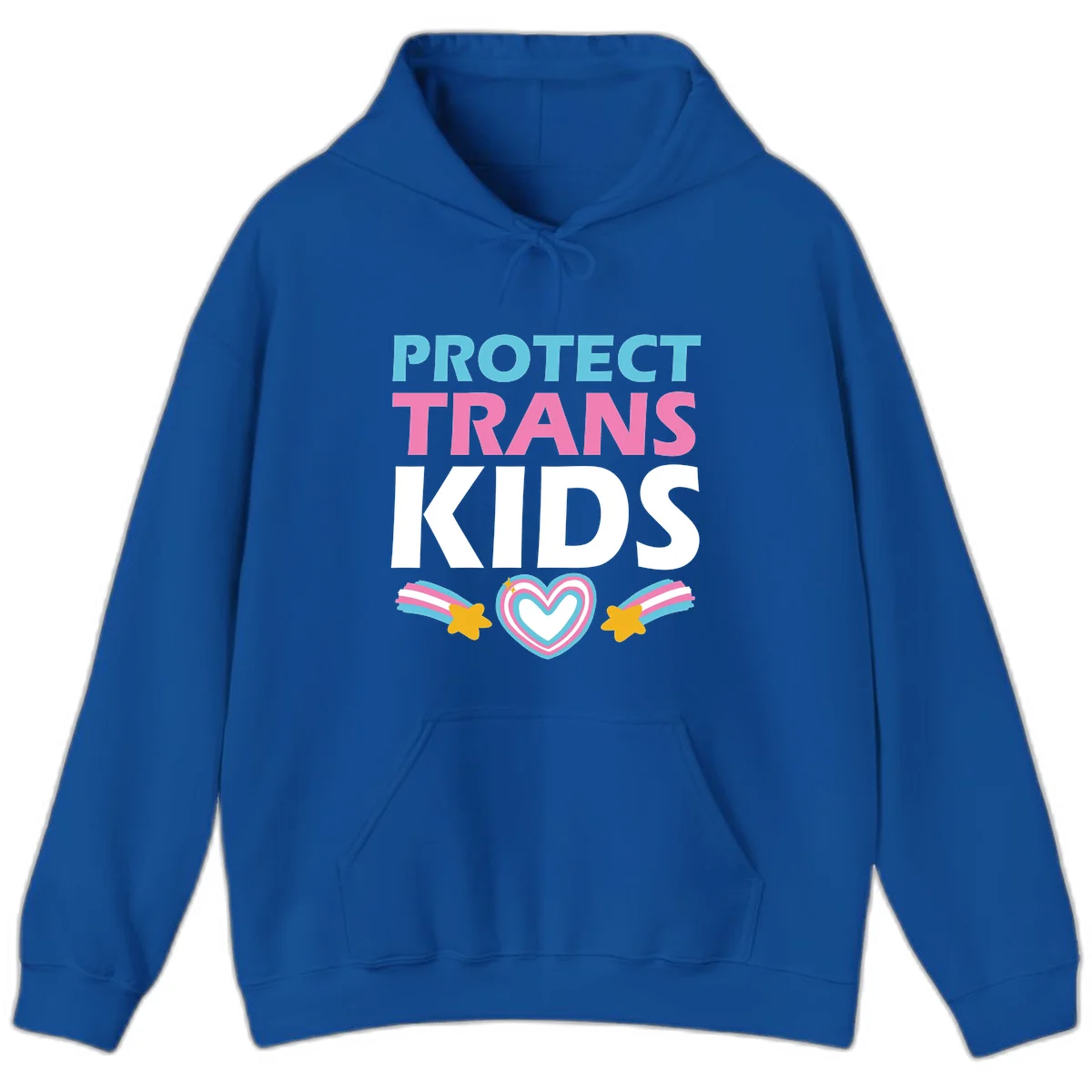 Protect trans kids pride design with cyan, pink and white text, concentric heart, and gold shooting stars with rainbow trails in Royal