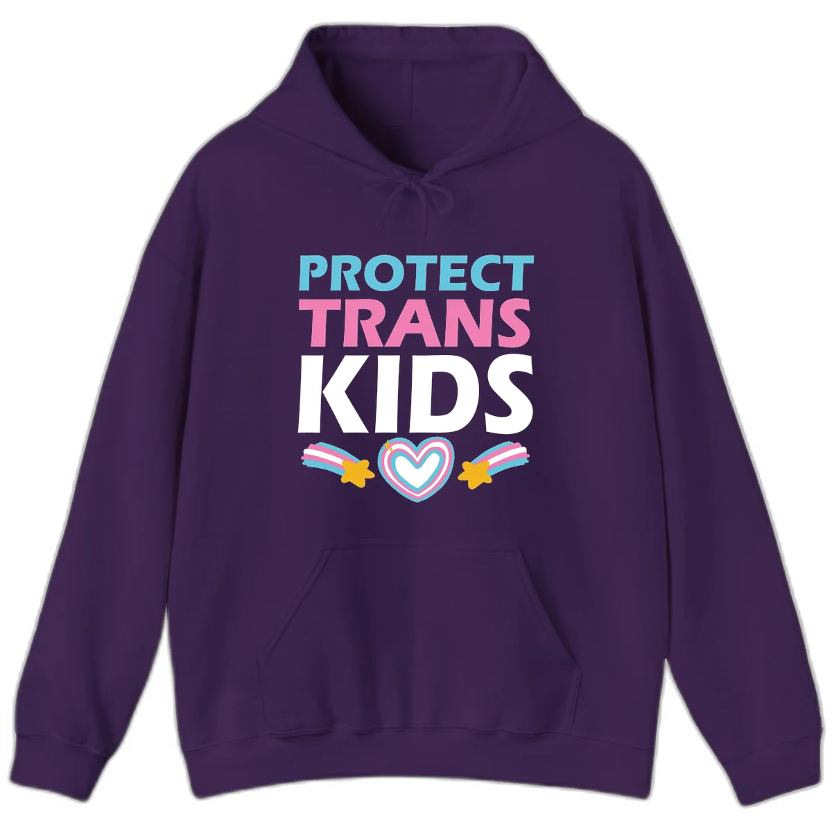 Protect trans kids pride design with cyan, pink and white text, concentric heart, and gold shooting stars with rainbow trails in Purple