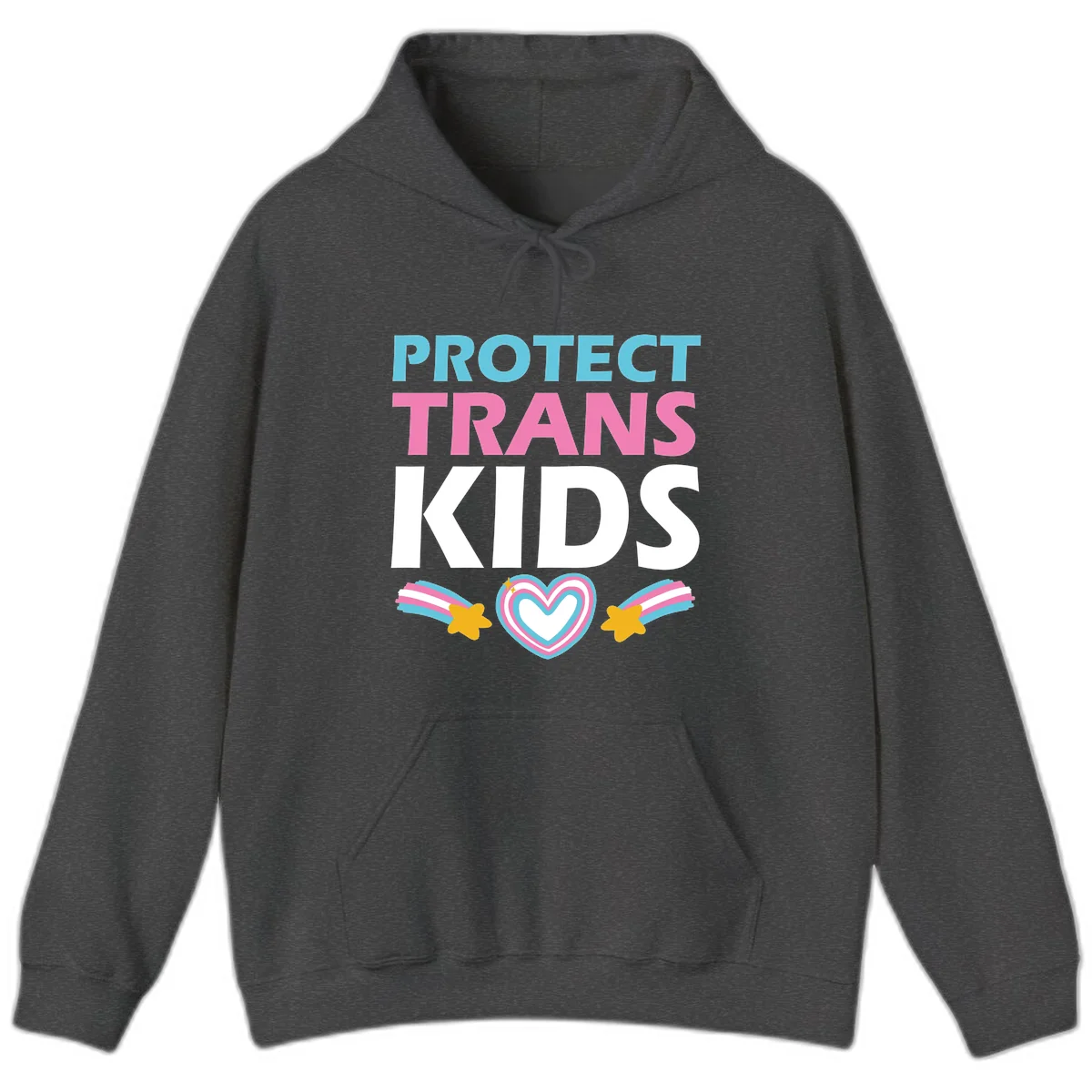 Protect trans kids pride design with cyan, pink and white text, concentric heart, and gold shooting stars with rainbow trails in Dark Heather