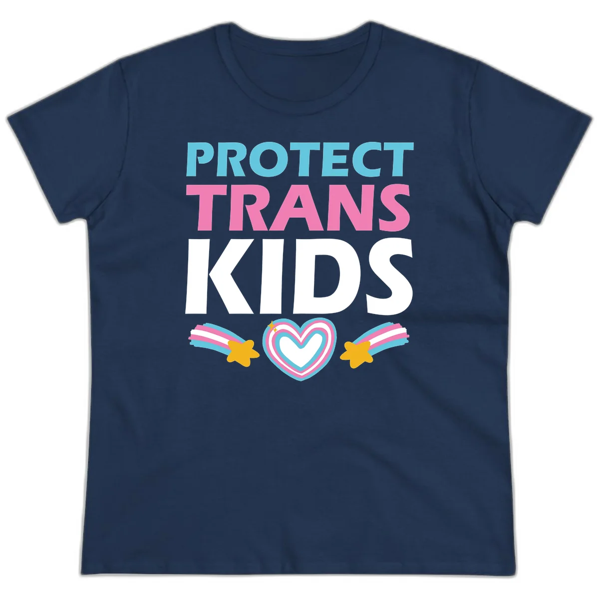 Protect trans kids pride design with cyan, pink and white text, concentric heart, and gold shooting stars with rainbow trails in Navy