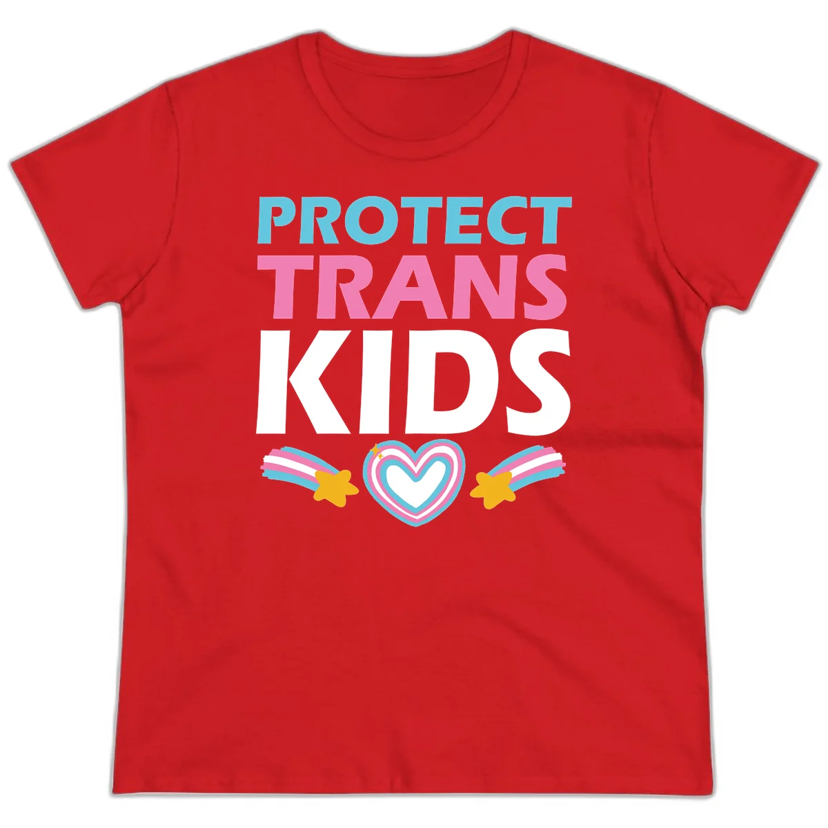 Protect trans kids pride design with cyan, pink and white text, concentric heart, and gold shooting stars with rainbow trails in Red
