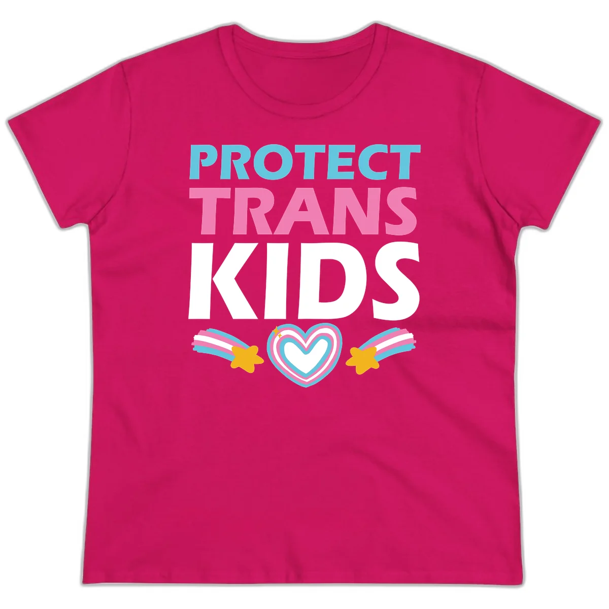 Protect trans kids pride design with cyan, pink and white text, concentric heart, and gold shooting stars with rainbow trails in Heliconia