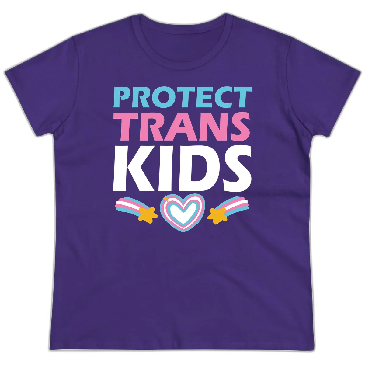 Protect trans kids pride design with cyan, pink and white text, concentric heart, and gold shooting stars with rainbow trails in Purple