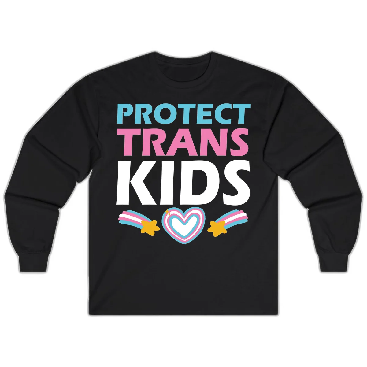 Protect trans kids pride design with cyan, pink and white text, concentric heart, and gold shooting stars with rainbow trails in Black