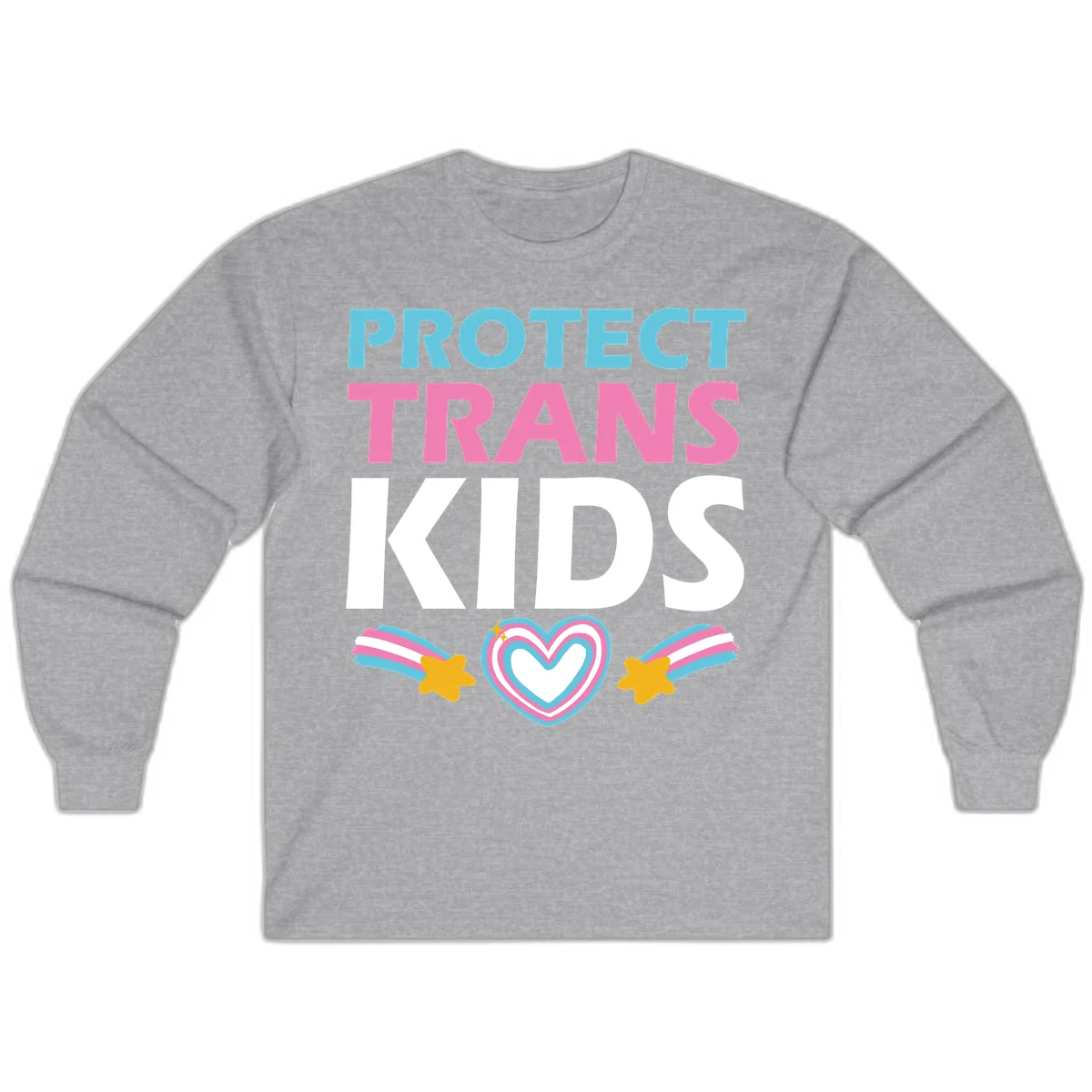 Protect trans kids pride design with cyan, pink and white text, concentric heart, and gold shooting stars with rainbow trails in Sport Grey