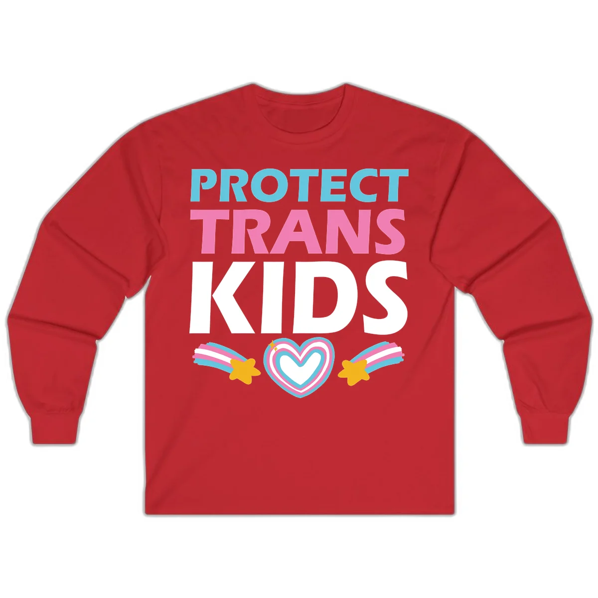 Protect trans kids pride design with cyan, pink and white text, concentric heart, and gold shooting stars with rainbow trails in Red