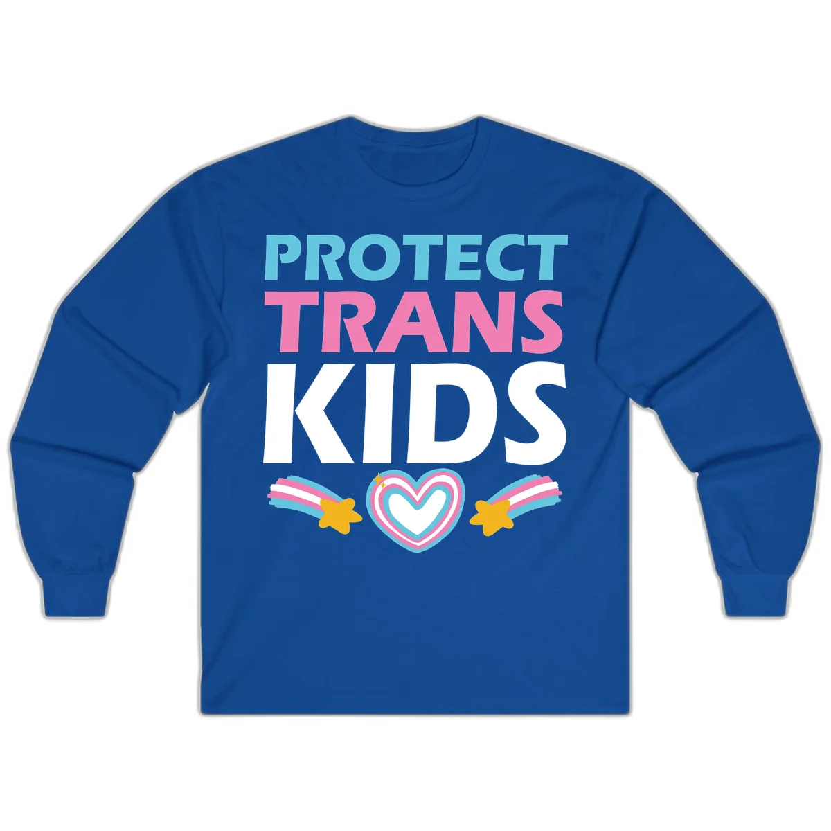 Protect trans kids pride design with cyan, pink and white text, concentric heart, and gold shooting stars with rainbow trails in Royal