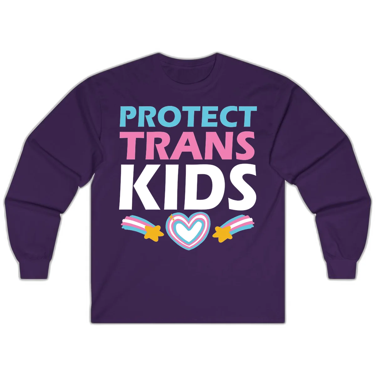 Protect trans kids pride design with cyan, pink and white text, concentric heart, and gold shooting stars with rainbow trails in Purple