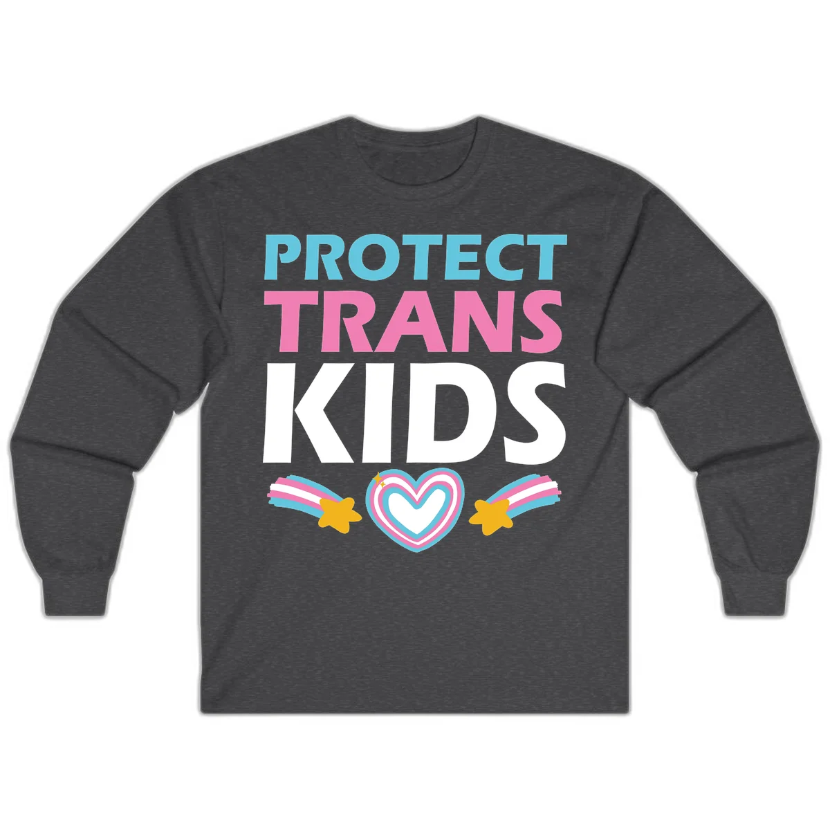Protect trans kids pride design with cyan, pink and white text, concentric heart, and gold shooting stars with rainbow trails in Dark Heather
