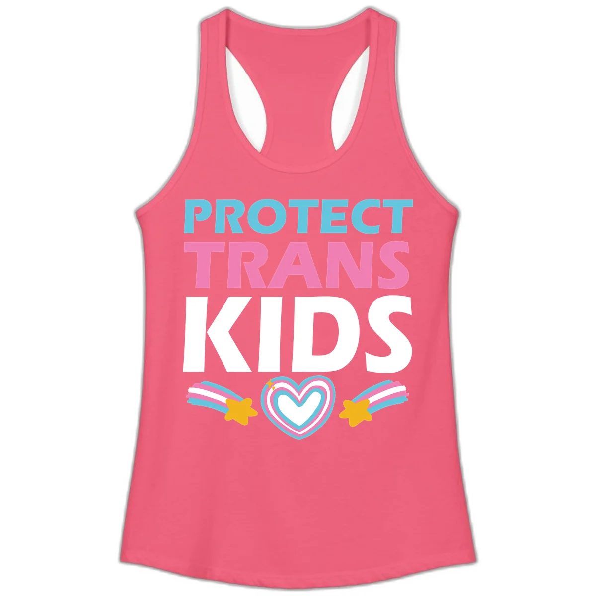 Protect trans kids pride design with cyan, pink and white text, concentric heart, and gold shooting stars with rainbow trails in Hot Pink