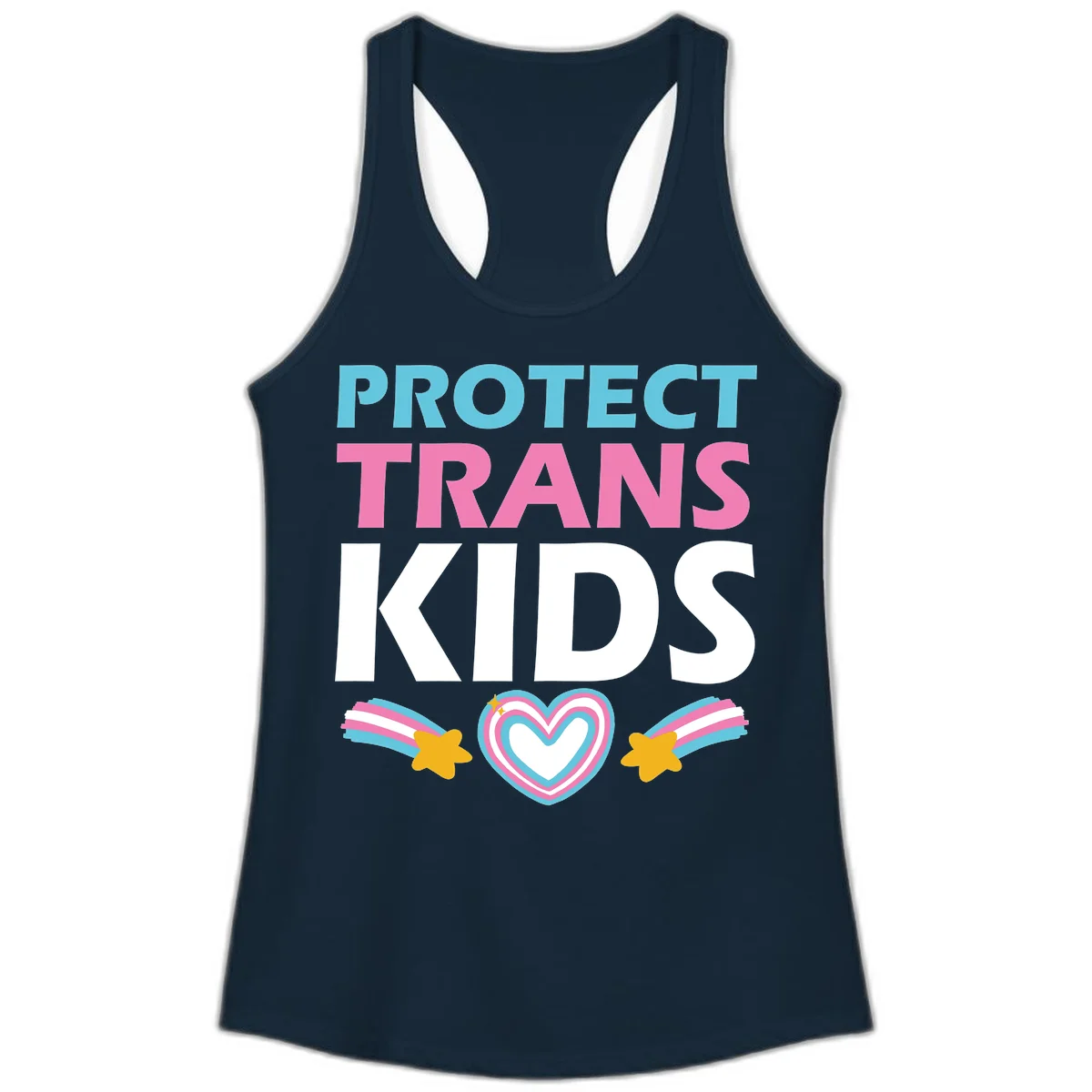 Protect trans kids pride design with cyan, pink and white text, concentric heart, and gold shooting stars with rainbow trails in Solid Midnight Navy