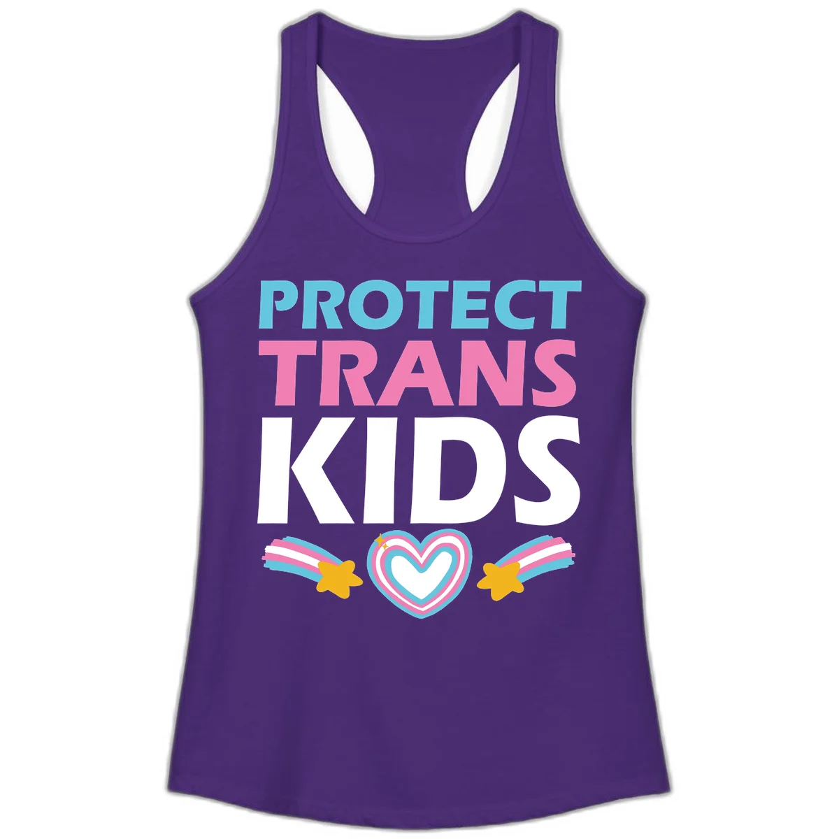 Protect trans kids pride design with cyan, pink and white text, concentric heart, and gold shooting stars with rainbow trails in Solid Purple Rush