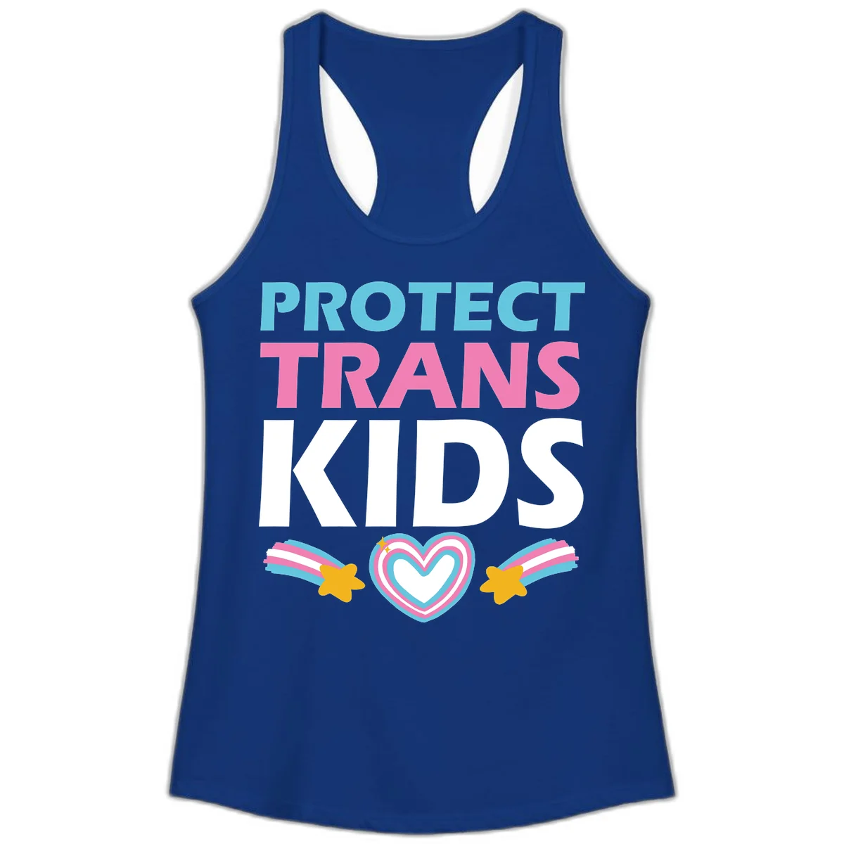 Protect trans kids pride design with cyan, pink and white text, concentric heart, and gold shooting stars with rainbow trails in Solid Royal