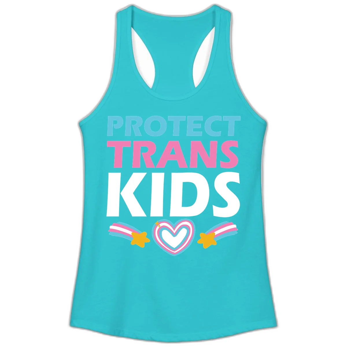 Protect trans kids pride design with cyan, pink and white text, concentric heart, and gold shooting stars with rainbow trails in Solid Tahiti Blue