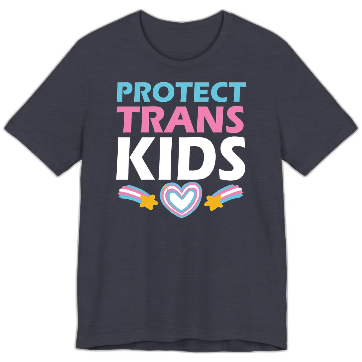 Protect trans kids pride design with cyan, pink and white text, concentric heart, and gold shooting stars with rainbow trails in Heather Midnight Navy