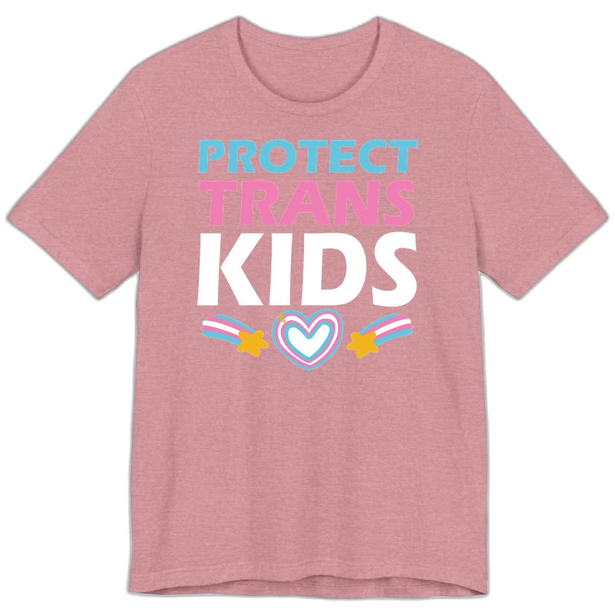 Protect trans kids pride design with cyan, pink and white text, concentric heart, and gold shooting stars with rainbow trails in Heather Orchid
