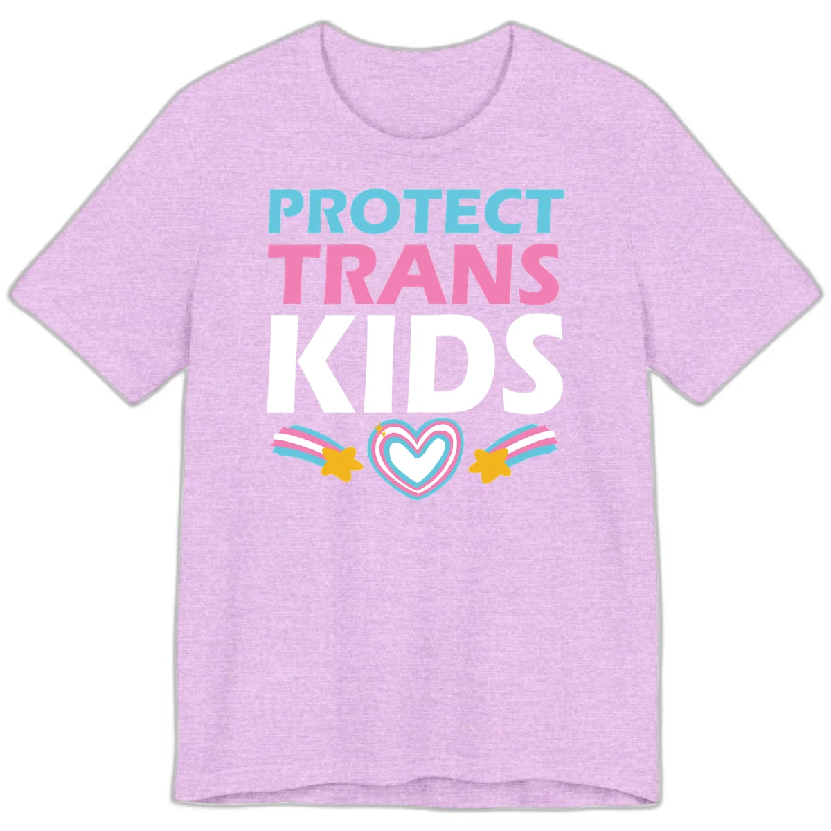 Protect trans kids pride design with cyan, pink and white text, concentric heart, and gold shooting stars with rainbow trails in Heather Prism Lilac