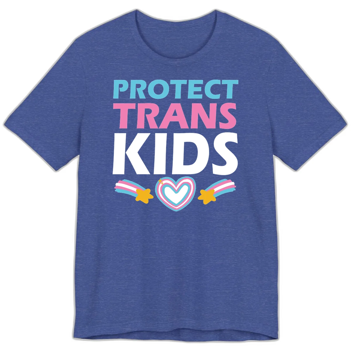 Protect trans kids pride design with cyan, pink and white text, concentric heart, and gold shooting stars with rainbow trails in Heather True Royal