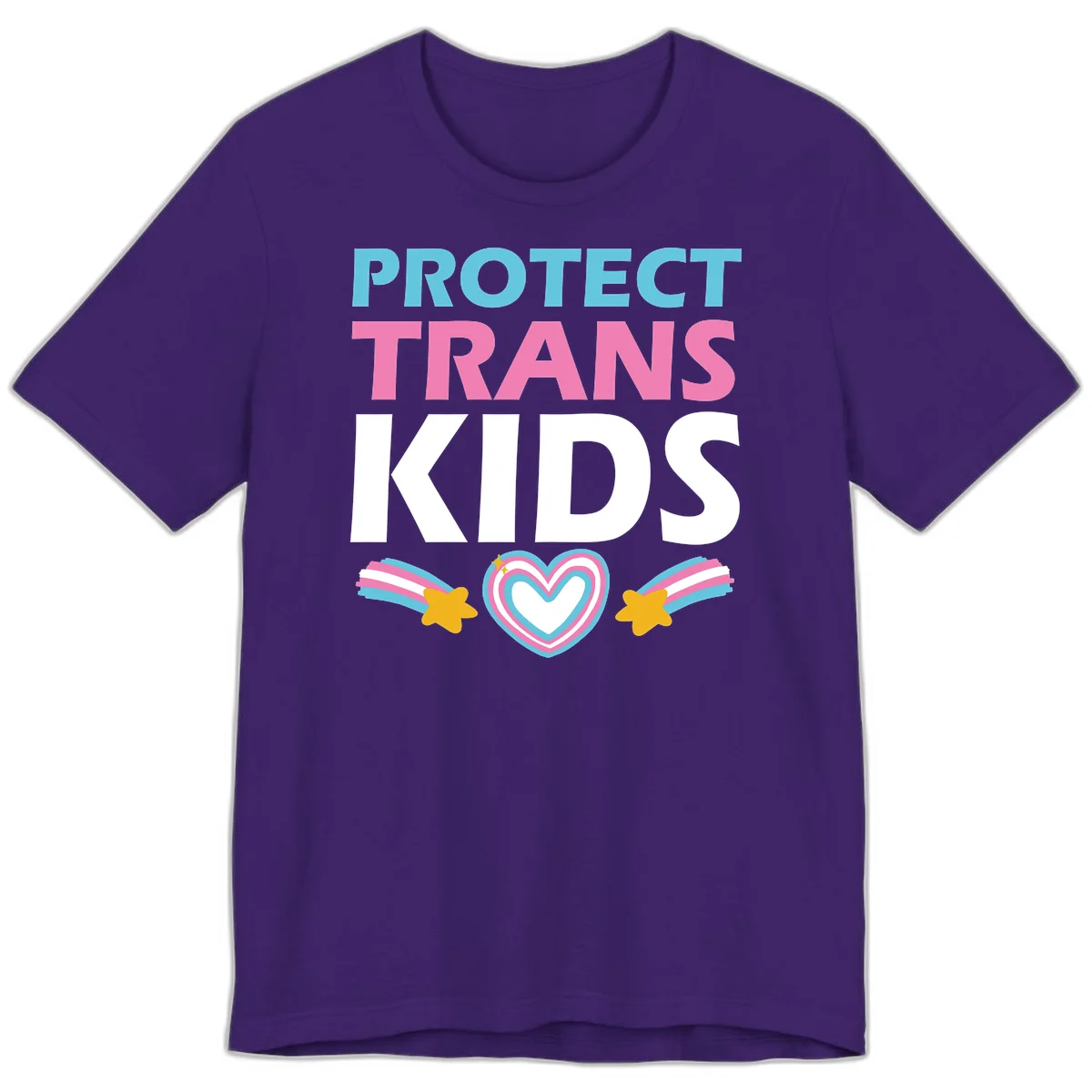 Protect trans kids pride design with cyan, pink and white text, concentric heart, and gold shooting stars with rainbow trails in Team Purple
