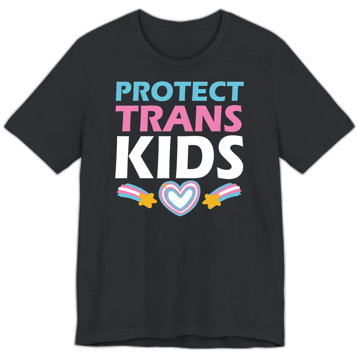 Protect trans kids pride design with cyan, pink and white text, concentric heart, and gold shooting stars with rainbow trails in Vintage Black
