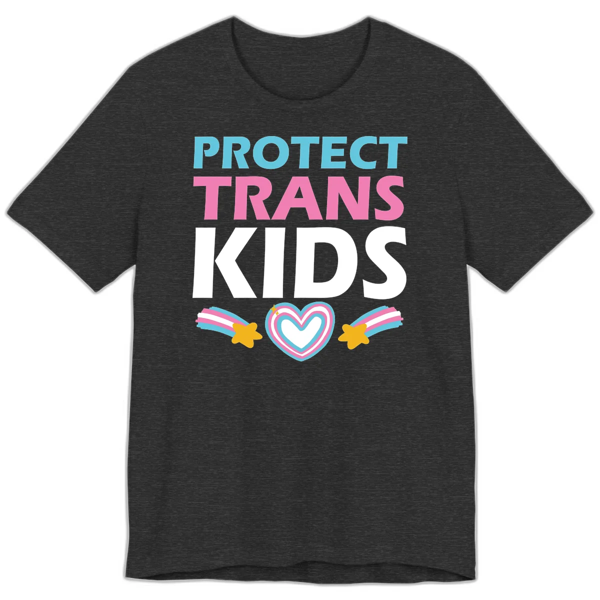Protect trans kids pride design with cyan, pink and white text, concentric heart, and gold shooting stars with rainbow trails in Dark Grey Heather