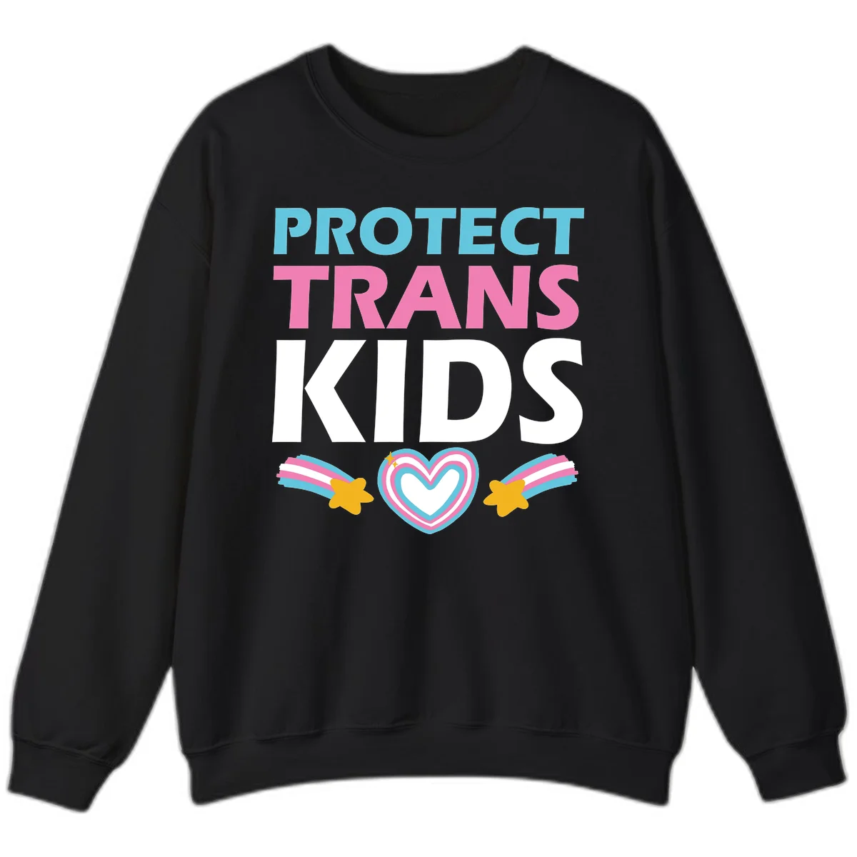 Protect trans kids pride design with cyan, pink and white text, concentric heart, and gold shooting stars with rainbow trails in Black