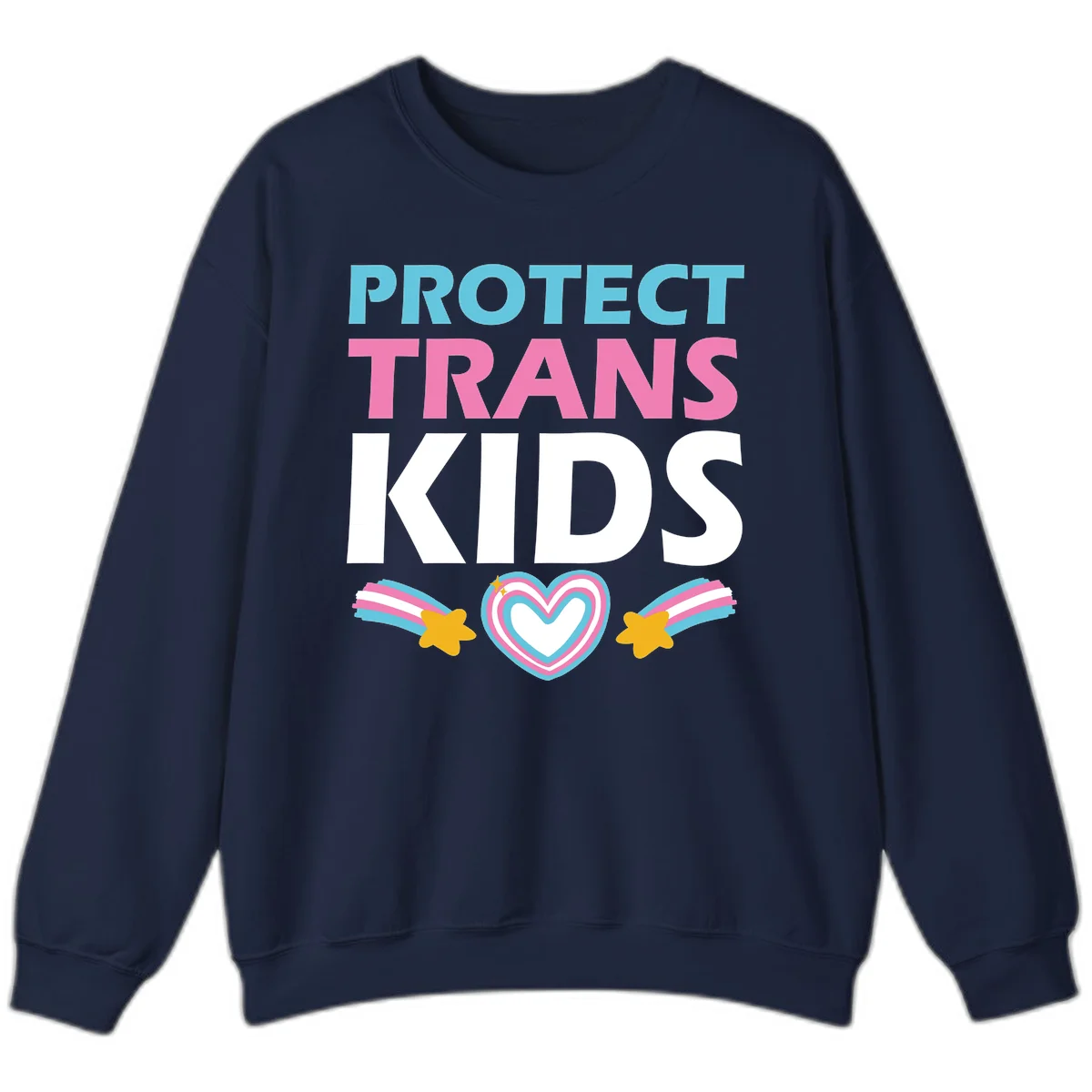 Protect trans kids pride design with cyan, pink and white text, concentric heart, and gold shooting stars with rainbow trails in Navy