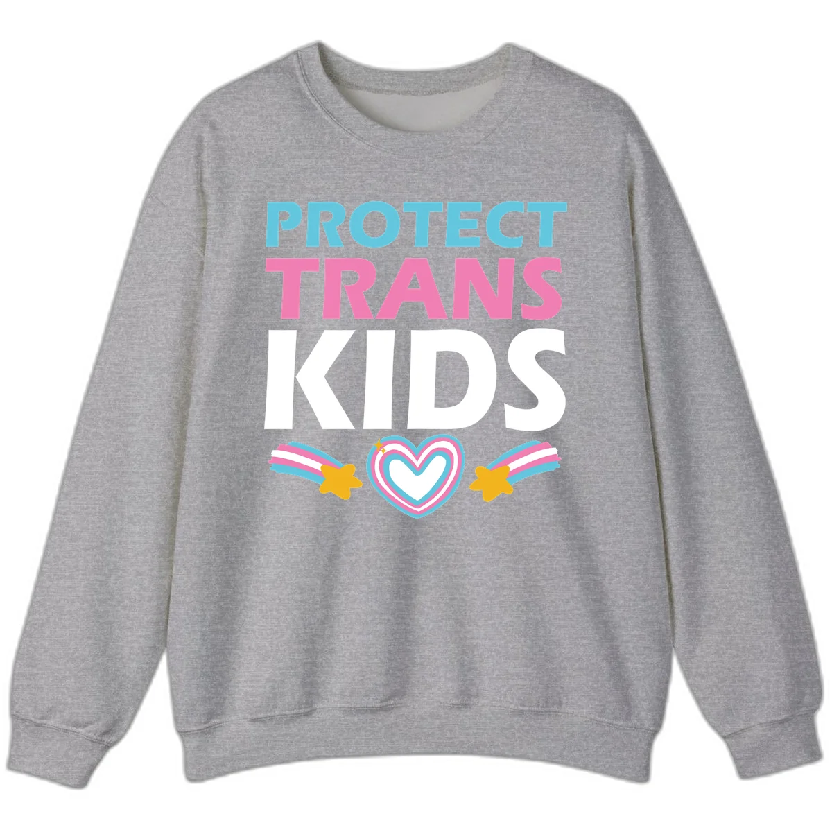Protect trans kids pride design with cyan, pink and white text, concentric heart, and gold shooting stars with rainbow trails in Sport Grey