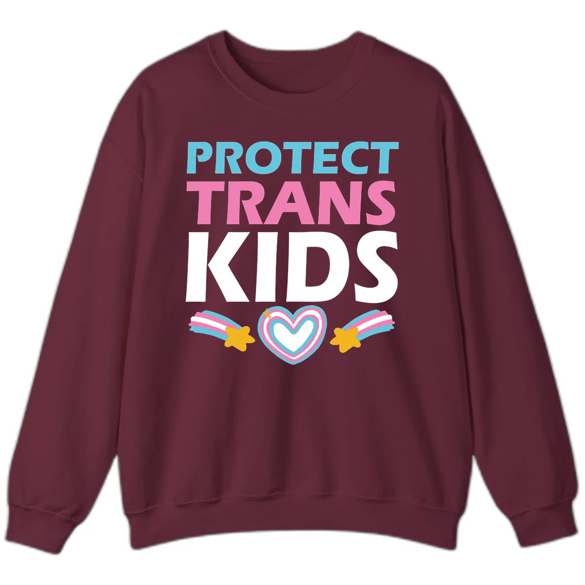 Protect trans kids pride design with cyan, pink and white text, concentric heart, and gold shooting stars with rainbow trails in Maroon