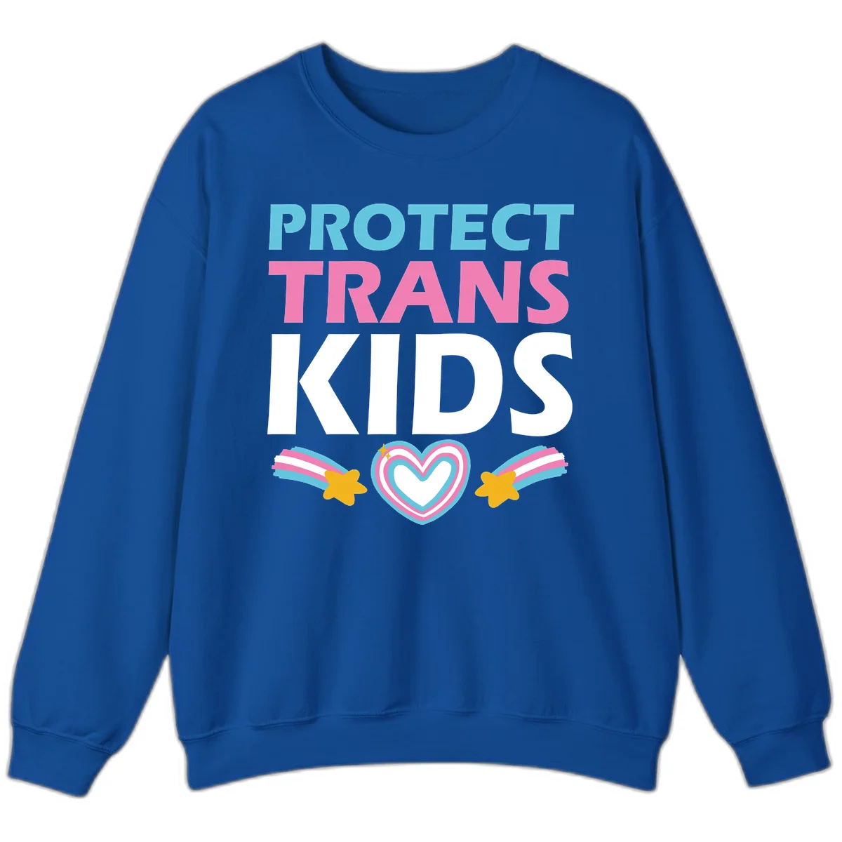 Protect trans kids pride design with cyan, pink and white text, concentric heart, and gold shooting stars with rainbow trails in Royal