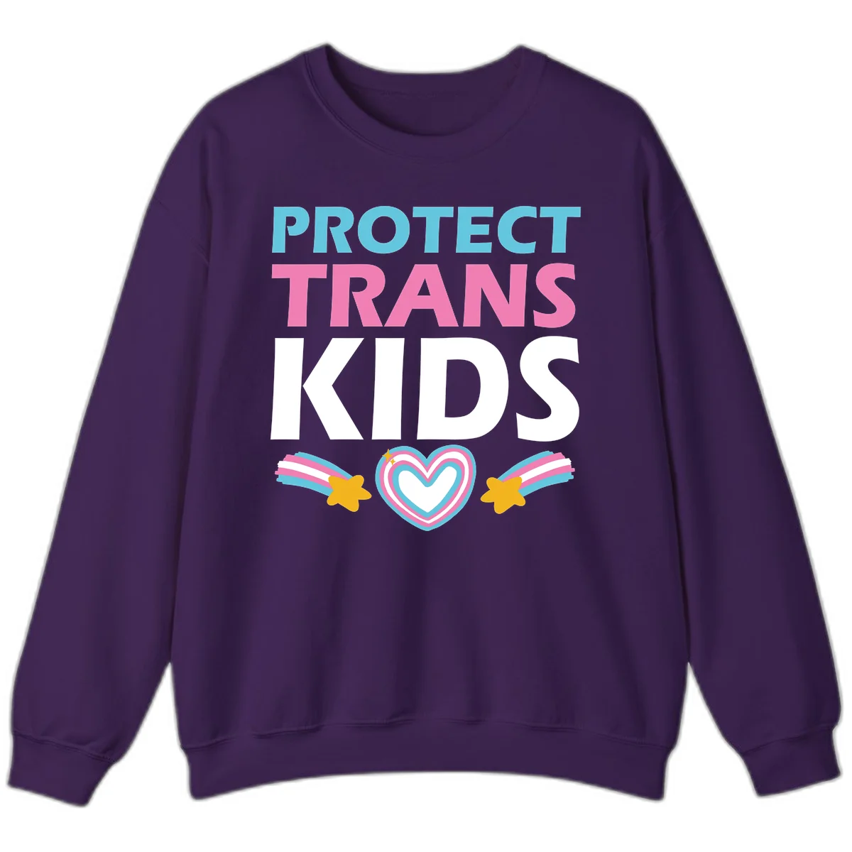 Protect trans kids pride design with cyan, pink and white text, concentric heart, and gold shooting stars with rainbow trails in Purple