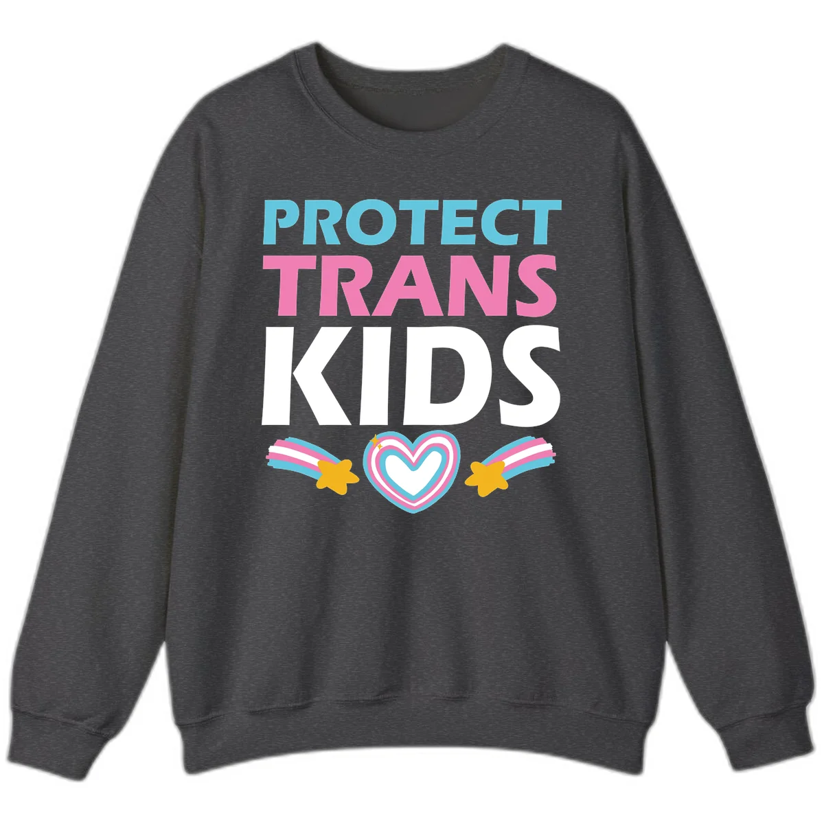 Protect trans kids pride design with cyan, pink and white text, concentric heart, and gold shooting stars with rainbow trails in Dark Heather
