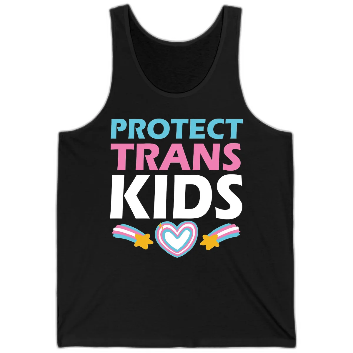 Protect trans kids pride design with cyan, pink and white text, concentric heart, and gold shooting stars with rainbow trails in Black