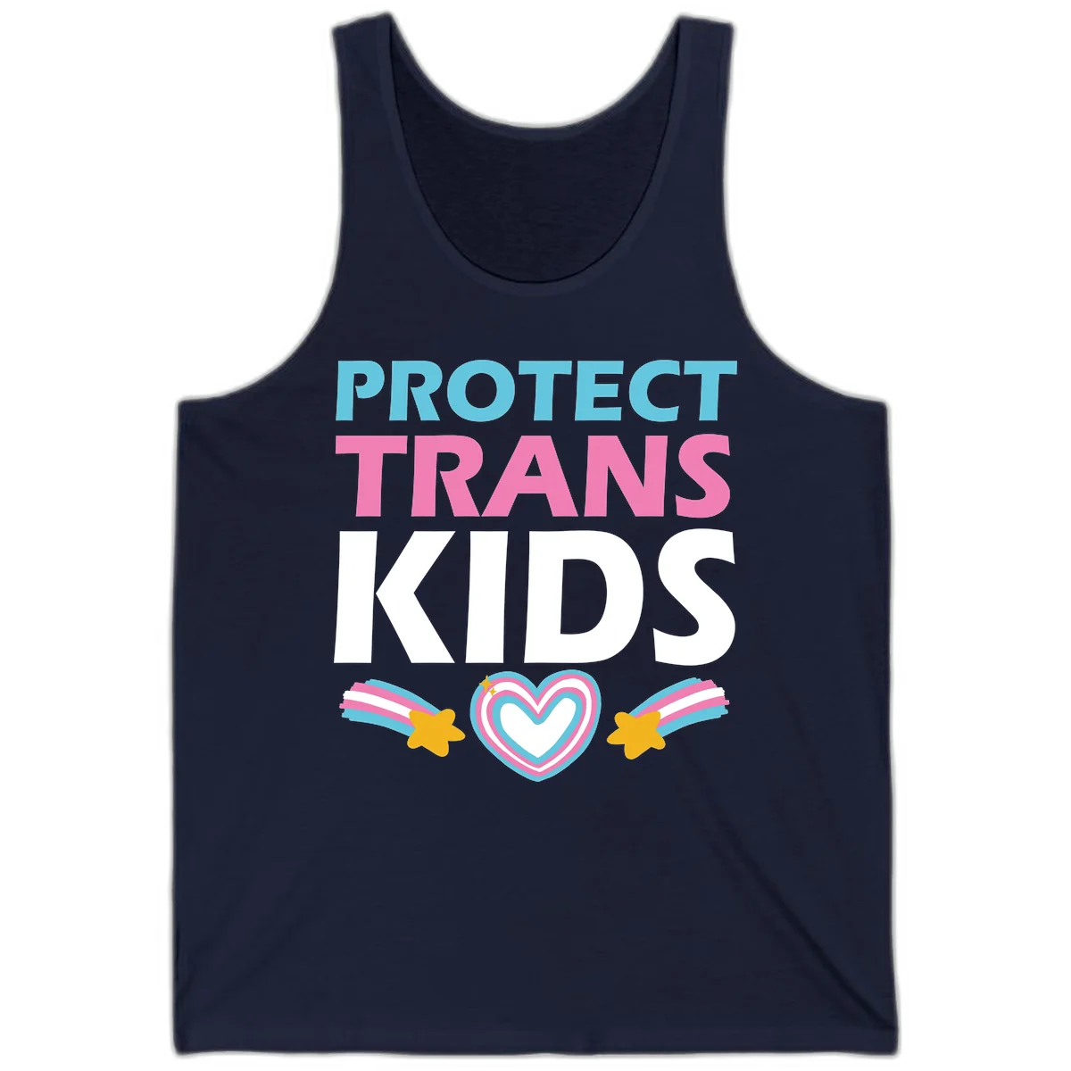 Protect trans kids pride design with cyan, pink and white text, concentric heart, and gold shooting stars with rainbow trails in Navy