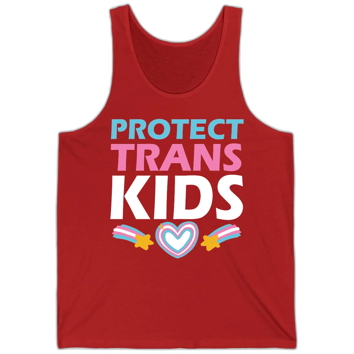 Protect trans kids pride design with cyan, pink and white text, concentric heart, and gold shooting stars with rainbow trails in Red