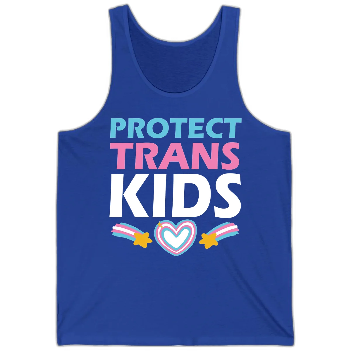 Protect trans kids pride design with cyan, pink and white text, concentric heart, and gold shooting stars with rainbow trails in True Royal