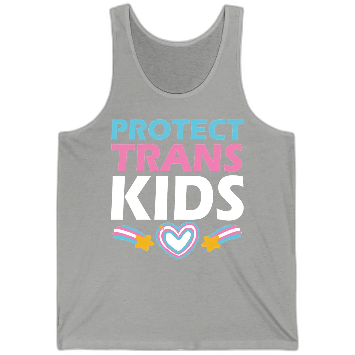Protect trans kids pride design with cyan, pink and white text, concentric heart, and gold shooting stars with rainbow trails in Athletic Heather