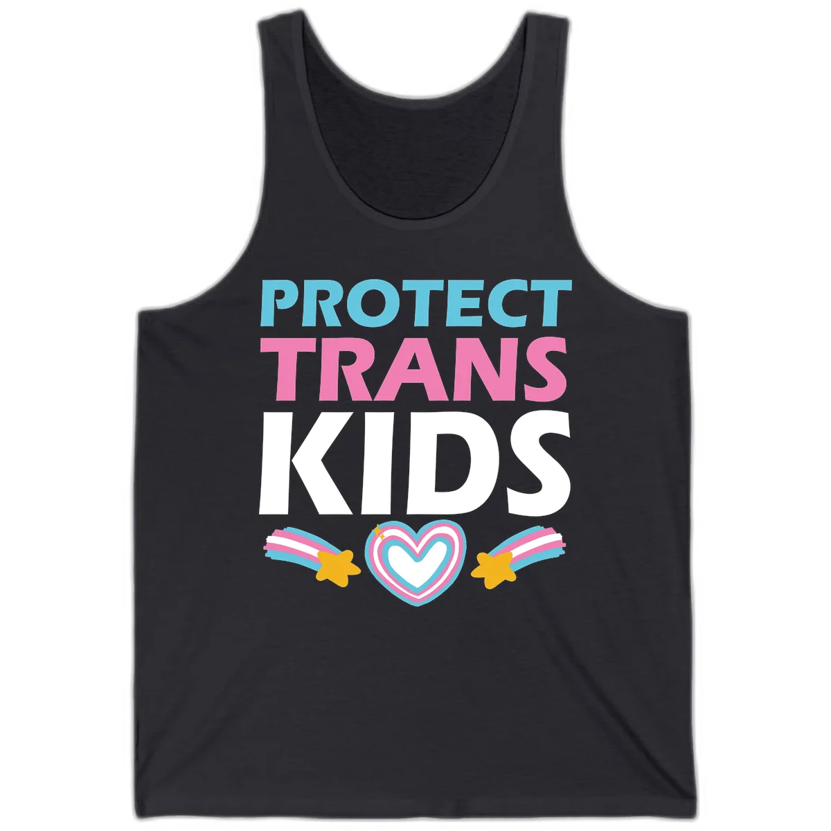 Protect trans kids pride design with cyan, pink and white text, concentric heart, and gold shooting stars with rainbow trails in Dark Grey