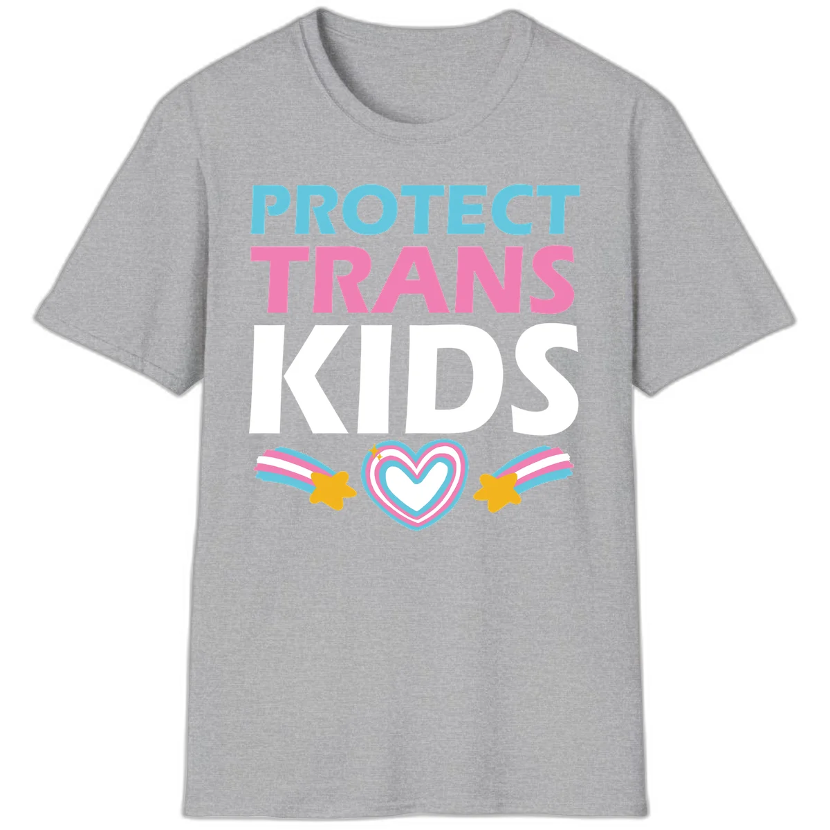 Protect trans kids pride design with cyan, pink and white text, concentric heart, and gold shooting stars with rainbow trails in Sport Grey