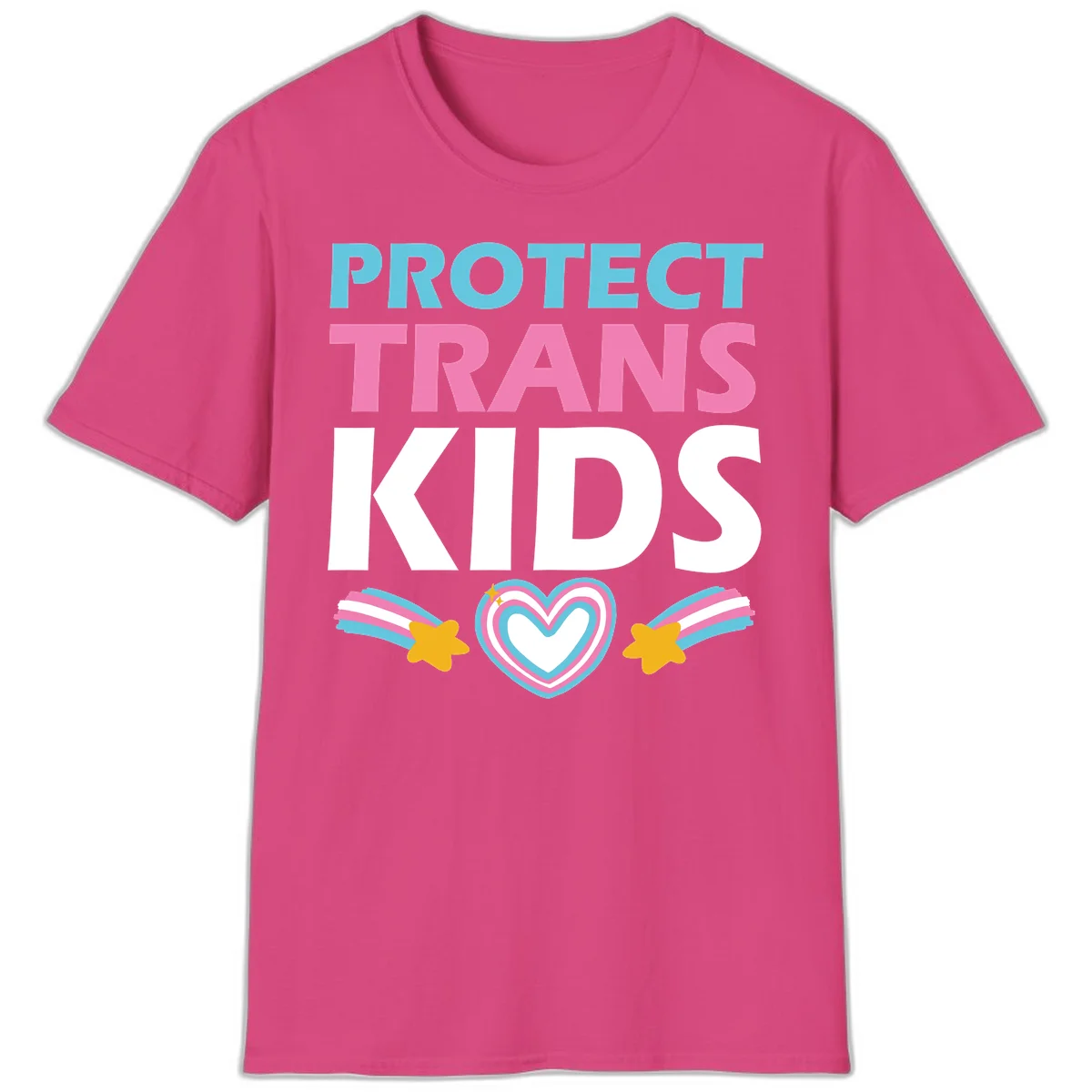 Protect trans kids pride design with cyan, pink and white text, concentric heart, and gold shooting stars with rainbow trails in Heliconia
