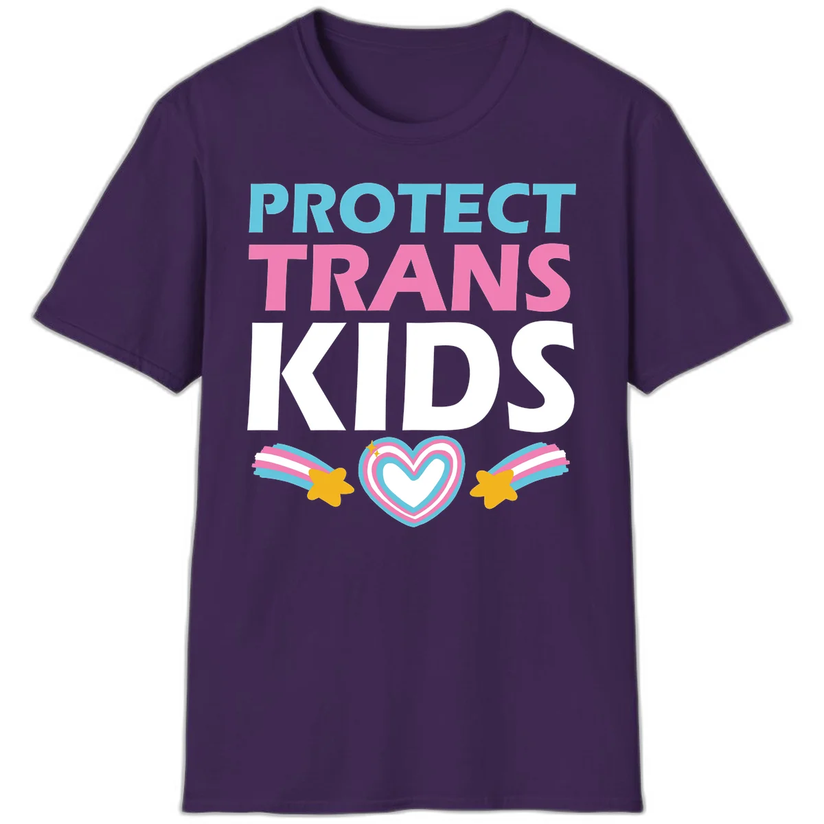Protect trans kids pride design with cyan, pink and white text, concentric heart, and gold shooting stars with rainbow trails in Purple