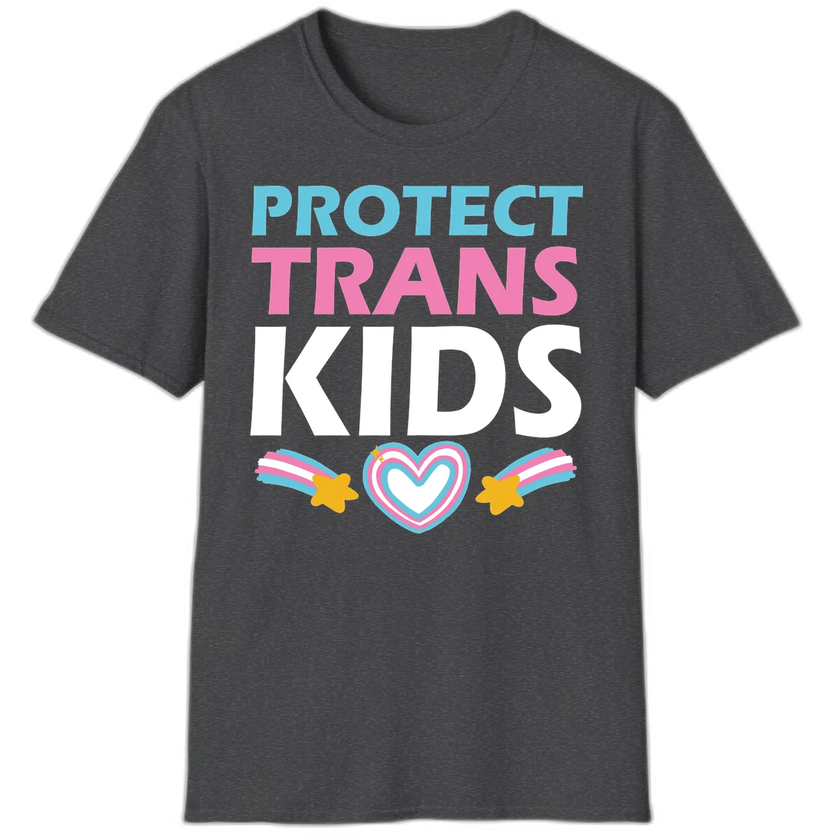 Protect trans kids pride design with cyan, pink and white text, concentric heart, and gold shooting stars with rainbow trails in Dark Heather