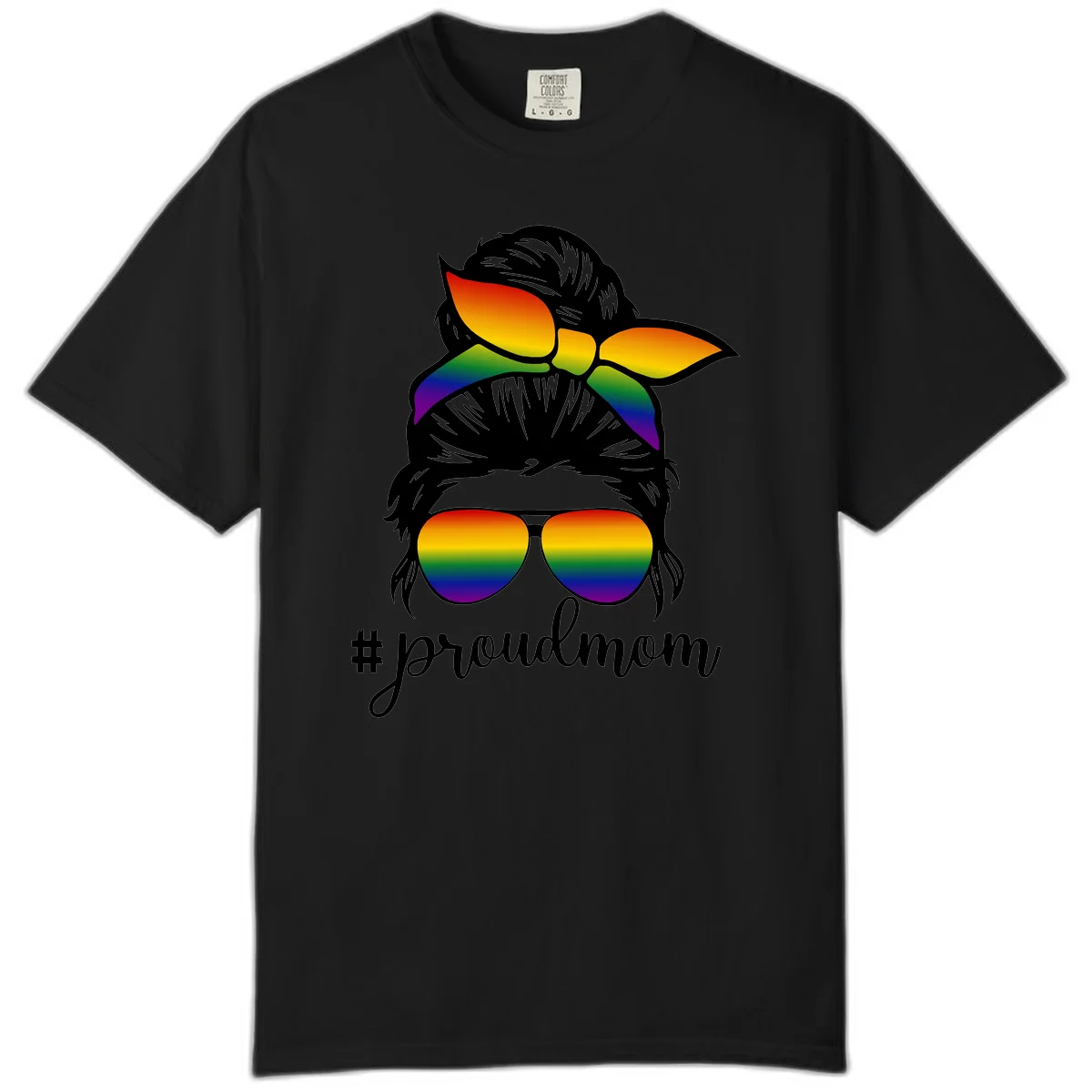 Illustration of a woman with black hair wearing rainbow bow, sunglasses, and lips with #proudmom text celebrating LGBTQ pride in Black