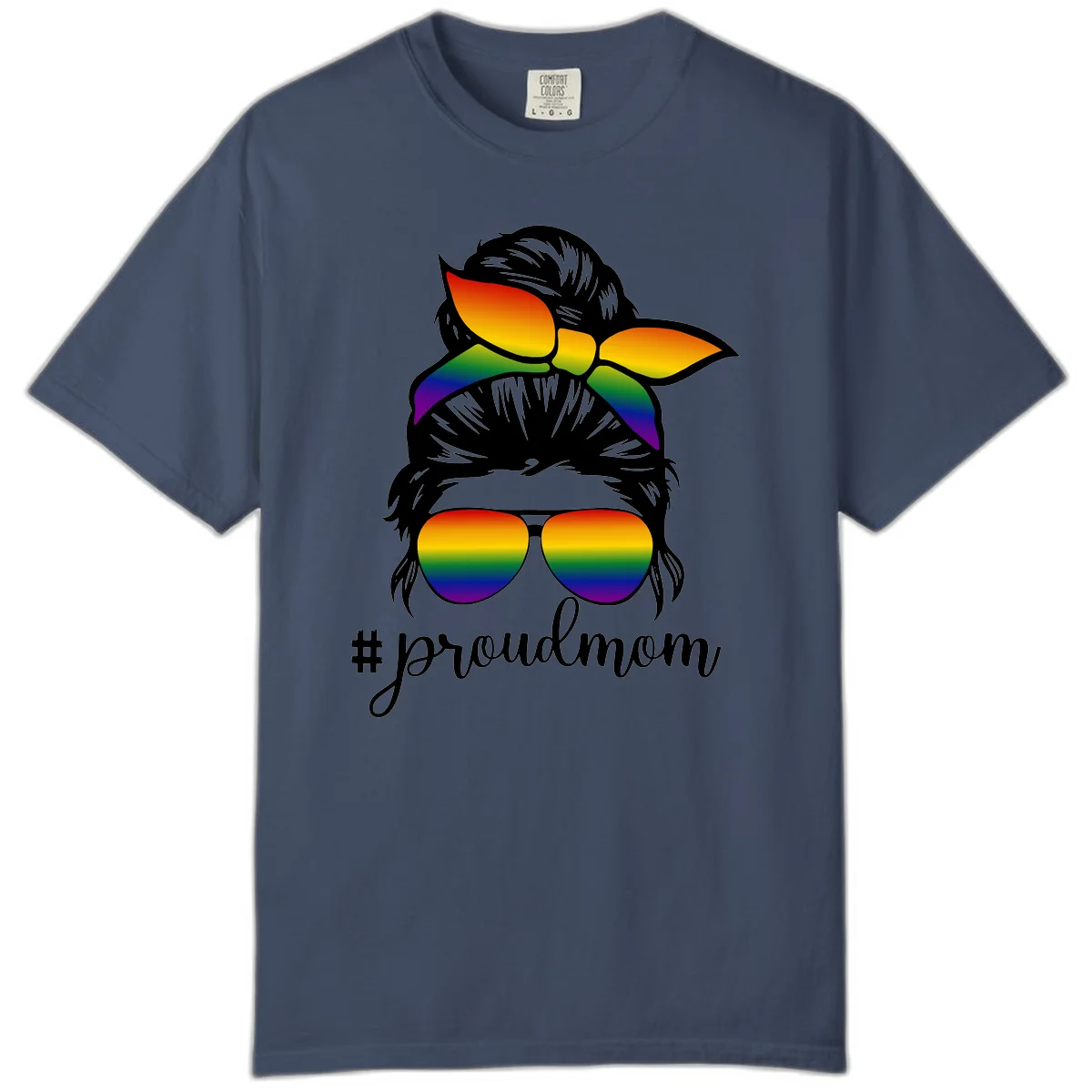 Illustration of a woman with black hair wearing rainbow bow, sunglasses, and lips with #proudmom text celebrating LGBTQ pride in Midnight