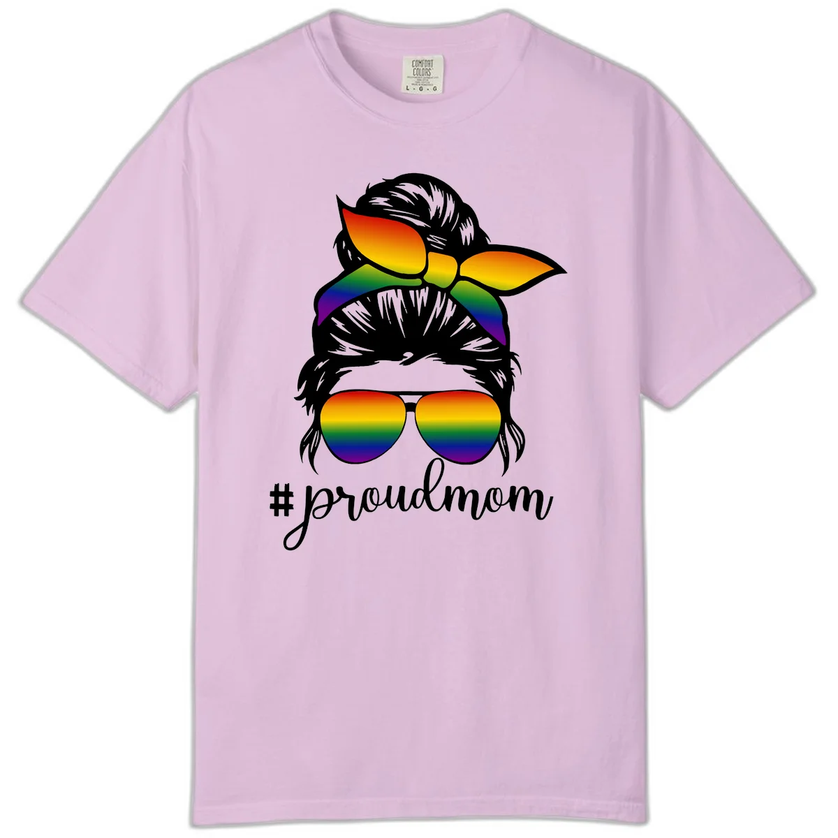 Illustration of a woman with black hair wearing rainbow bow, sunglasses, and lips with #proudmom text celebrating LGBTQ pride in Orchid