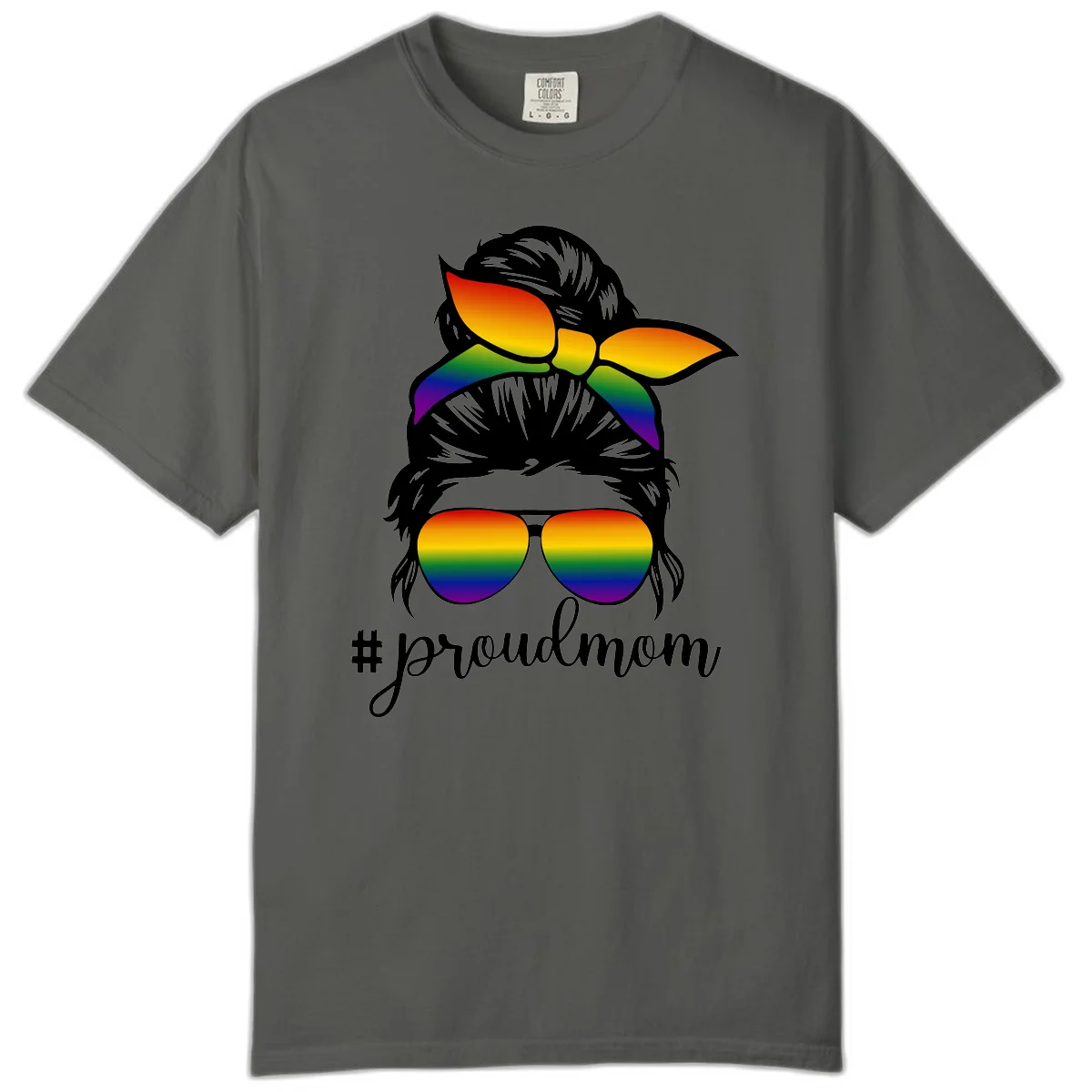 Illustration of a woman with black hair wearing rainbow bow, sunglasses, and lips with #proudmom text celebrating LGBTQ pride in Pepper