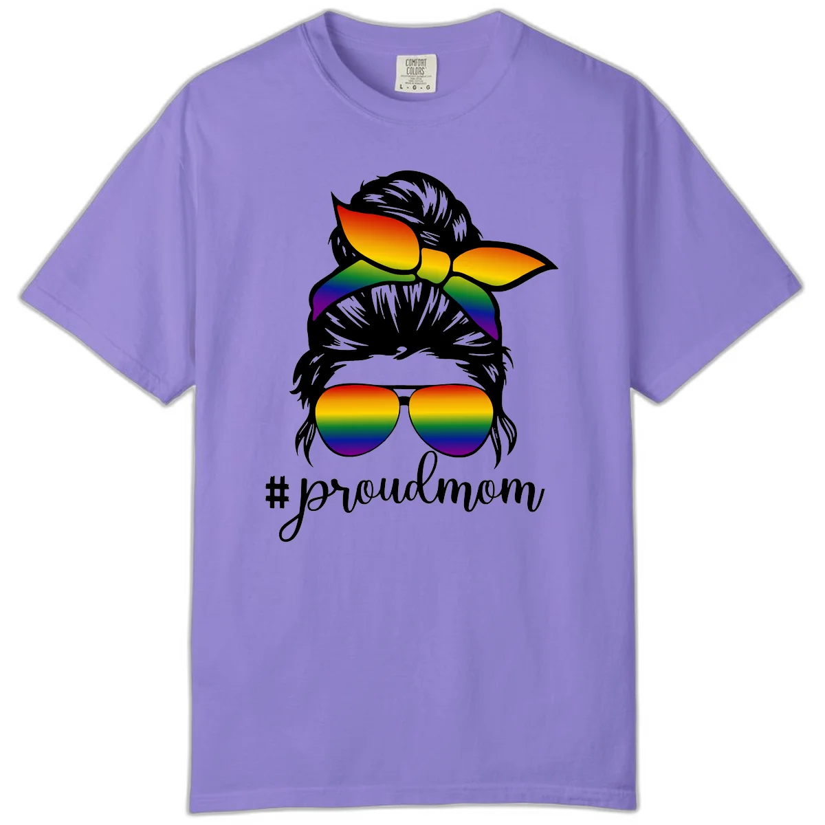 Illustration of a woman with black hair wearing rainbow bow, sunglasses, and lips with #proudmom text celebrating LGBTQ pride in Violet
